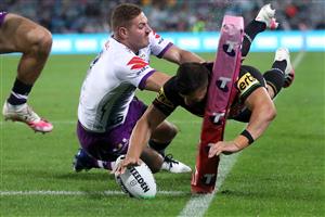 SYDNEY, AUSTRALIA - OCTOBER 25: Josh Mansour of the Panthers scores a try, which was then disallowed by the video referee during the 2020 NRL Grand Final match between the Penrith Panthers and the Melbourne Storm at ANZ Stadium on October 25, 2020 in Sydney, Australia. (Photo by Cameron Spencer/Getty Images)