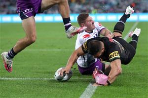 SYDNEY, AUSTRALIA - OCTOBER 25: Josh Mansour of the Panthers scores a try, which was then disallowed by the video referee during the 2020 NRL Grand Final match between the Penrith Panthers and the Melbourne Storm at ANZ Stadium on October 25, 2020 in Sydney, Australia. (Photo by Cameron Spencer/Getty Images)