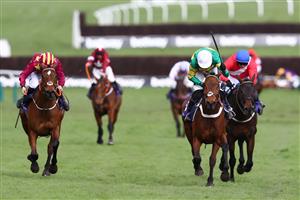 CHELTENHAM, ENGLAND - MARCH 11: Champ (Green) beating Minella Indo (left) in the RSA Novices' Chase at the 2020 Cheltenham Festival. (Getty)