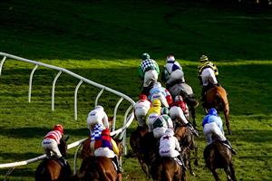 CHEPSTOW, WALES - OCTOBER 27: A general view of racing during The Wizard Of Big Odds At tipstersempire.co.uk Handicap Hurdle at Chepstow Racecourse on October 27, 2020 in Chepstow, Wales. Owners are allowed to attend if they have a runner at the meeting otherwise racing remains behind closed doors to the public due to the Coronavirus pandemic. (Photo by Alan Crowhurst/Getty Images)