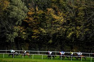 CHEPSTOW, WALES - OCTOBER 27: A general view of racing during The Wizard Of Big Odds At tipstersempire.co.uk Handicap Hurdle at Chepstow Racecourse on October 27, 2020 in Chepstow, Wales. Owners are allowed to attend if they have a runner at the meeting otherwise racing remains behind closed doors to the public due to the Coronavirus pandemic. (Photo by Alan Crowhurst/Getty Images)