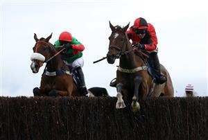 WETHERBY, ENGLAND - OCTOBER 30: Huntsman Son (right) ridden by Kielan Woods clears the last before going on to win the Cash Out At bet365 Handicap Chase at Wetherby Racecourse on October 30, 2020 in Wetherby, England. (Photo by Tim Goode - Pool/Getty Images)
