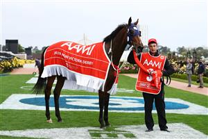 MELBOURNE, AUSTRALIA - OCTOBER 31: #3 Johnny Get Angry in the mounting yard after winning race seven the Aami Victoria Derby during 2020 AAMI Victoria Derby Day at Flemington Racecourse on October 31, 2020 in Melbourne, Australia. (Photo by Robert Cianflone/Getty Images for the VRC)