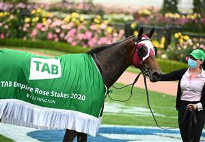MELBOURNE, AUSTRALIA - OCTOBER 31: Shout The Bar after winning race 5, the Tab Empire Rose Stakes, during 2020 AAMI Victoria Derby Day at Flemington Racecourse on October 31, 2020 in Melbourne, Australia. (Photo by Vince Caligiuri/Getty Images for the VRC)