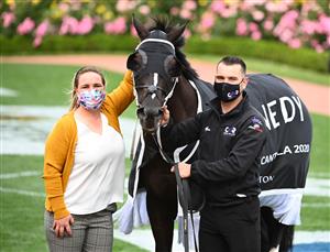 MELBOURNE, AUSTRALIA - OCTOBER 31: Yulong Prince poses after winning in Race 8, the Kennedy Cantala, during 2020 AAMI Victoria Derby Day at Flemington Racecourse on October 31, 2020 in Melbourne, Australia. (Photo by Vince Caligiuri/Getty Images for the VRC)