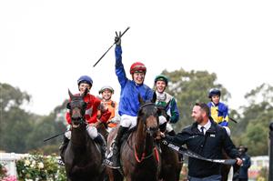SYDNEY, AUSTRALIA - OCTOBER 31: Koby Jennings on Collette returns to scale after winning race 8 the Iron Jack Golden Eagle during Sydney Racing at Rosehill Gardens on October 31, 2020 in Sydney, Australia. (Photo by Hanna Lassen/Getty Images for the Australian Turf Club)