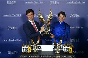 SYDNEY, AUSTRALIA - OCTOBER 31: James Cummings (L) and Koby Jennings celebrate winning race 8 the Iron Jack Golden Eagle during Sydney Racing at Rosehill Gardens on October 31, 2020 in Sydney, Australia. (Photo by Jason McCawley/Getty Images for the Australian Turf Club)