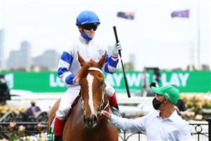 MELBOURNE, AUSTRALIA - OCTOBER 31: Craig Williams riding #4 Kemalpasa enters the mounting yard after winning race three the Tab Stakes during 2020 AAMI Victoria Derby Day at Flemington Racecourse on October 31, 2020 in Melbourne, Australia. (Photo by Robert Cianflone/Getty Images for the VRC)