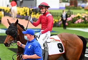 MELBOURNE, AUSTRALIA - OCTOBER 31: Jamie Kah riding Victoria Quay returns to scale after winning Race 2 the G. H Mumm Wakeful Stakes during 2020 AAMI Victoria Derby Day at Flemington Racecourse on October 31, 2020 in Melbourne, Australia. (Photo by Quinn Rooney/Getty Images for the VRC)