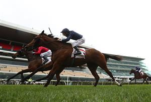 MELBOURNE, AUSTRALIA - OCTOBER 31: Kerrin McEvoy riding #1 Ashrun wins race four the Lexus Hotham Stakes during 2020 AAMI Victoria Derby Day at Flemington Racecourse on October 31, 2020 in Melbourne, Australia. (Photo by Robert Cianflone/Getty Images for the VRC)