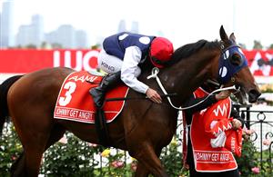 MELBOURNE, AUSTRALIA - OCTOBER 31: Lachlan King riding #3 Johnny Get Angry celebrates after winning race seven the Aami Victoria Derby during 2020 AAMI Victoria Derby Day at Flemington Racecourse on October 31, 2020 in Melbourne, Australia. (Photo by Robert Cianflone/Getty Images for the VRC)