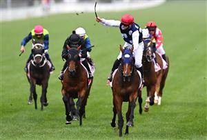 MELBOURNE, AUSTRALIA - OCTOBER 31: Lachlan King riding Johnny Get Angry wins race 7 the AAMI Victoria Derby during 2020 AAMI Victoria Derby Day at Flemington Racecourse on October 31, 2020 in Melbourne, Australia. (Photo by Quinn Rooney/Getty Images for the VRC)