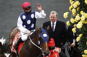MELBOURNE, AUSTRALIA - OCTOBER 31: Trainer Denis Pagan (R) is seen with jockey Lachlan King (L) riding Johnny Get Angry after winning in Race 7 the AAMI Victoria Derby during 2020 AAMI Victoria Derby Day at Flemington Racecourse on October 31, 2020 in Melbourne, Australia. (Photo by Daniel Pockett/Getty Images for the VRC)