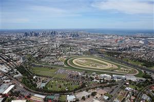 MELBOURNE, AUSTRALIA - NOVEMBER 03: General view above of Flemington Racecourse with the City of Melbourne in the background during 2020 Lexus Melbourne Cup Day at Flemington Racecourse on November 03, 2020 in Melbourne, Australia. (Photo by Jack Thomas/Getty Images for the VRC)