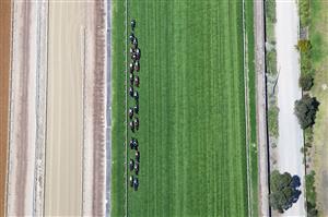MELBOURNE, AUSTRALIA - NOVEMBER 03: General view from above as the field runs in race 7 the 2020 Lexus Melbourne Cup at Flemington Racecourse on November 03, 2020 in Melbourne, Australia. (Photo by Jack Thomas/Getty Images for the VRC)