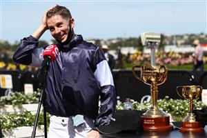MELBOURNE, AUSTRALIA - NOVEMBER 03: Jye McNeil riding #6 Twilight Payment talks to the media after winning race 7, the Lexus Melbourne Cup during 2020 Lexus Melbourne Cup Day at Flemington Racecourse on November 03, 2020 in Melbourne, Australia. (Photo by Robert Cianflone/Getty Images for the VRC)
