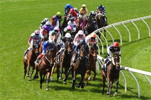 MELBOURNE, AUSTRALIA - NOVEMBER 03: Jye McNeil riding Twilight Payment leads the field around the first bend in the Lexus Melbourne Cup during 2020 Lexus Melbourne Cup Day at Flemington Racecourse on November 03, 2020 in Melbourne, Australia. (Photo by Quinn Rooney/Getty Images for the VRC)