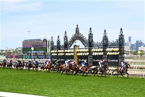 MELBOURNE, AUSTRALIA - NOVEMBER 03: Jockey Jye McNeil riding Twilight Payment leads with one lap to go before winning Race 7, the Lexus Melbourne Cup, during 2020 Lexus Melbourne Cup Day at Flemington Racecourse on November 03, 2020 in Melbourne, Australia. (Photo by Vince Caligiuri/Getty Images for the VRC)