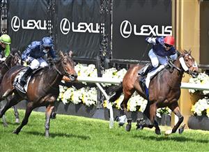 MELBOURNE, AUSTRALIA - NOVEMBER 03: Jockey Jye McNeil riding Twilight Payment defeats Jockey Kerrin McEvoy riding Tiger Moth to win Race 7, the Lexus Melbourne Cup, during 2020 Lexus Melbourne Cup Day at Flemington Racecourse on November 03, 2020 in Melbourne, Australia. (Photo by Vince Caligiuri/Getty Images for the VRC)