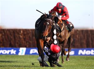 NEWBURY, ENGLAND - NOVEMBER 05: Chester Williams falls riding One For The Team during the Pertemps Network Beginners' Chase at Newbury Racecourse on November 05, 2020 in Newbury, England. (Photo by Michael Steele/Getty Images)