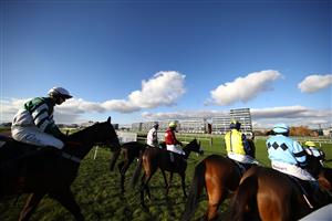 NEWBURY, ENGLAND - NOVEMBER 05: Riders prepare for the tote.co.uk Ten To Follow Mares' Novices' Hurdle at Newbury Racecourse on November 05, 2020 in Newbury, England. (Photo by Michael Steele/Getty Images)
