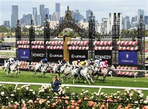 MELBOURNE, AUSTRALIA - NOVEMBER 05: Hugh Bowman riding #2 Berdibek wins race five the Off The Track Subzero Handicap during 2020 Kennedy Oaks Day at Flemington Racecourse on November 05, 2020 in Melbourne, Australia. (Photo by Quinn Rooney/Getty Images for the VRC)