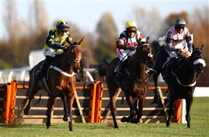 NEWBURY, ENGLAND - NOVEMBER 05: Nico de Boinville riding Gran Luna on his way to winning the tote.co.uk Ten To Follow Mares' Novices' Hurdle at Newbury Racecourse on November 05, 2020 in Newbury, England. (Photo by Michael Steele/Getty Images)