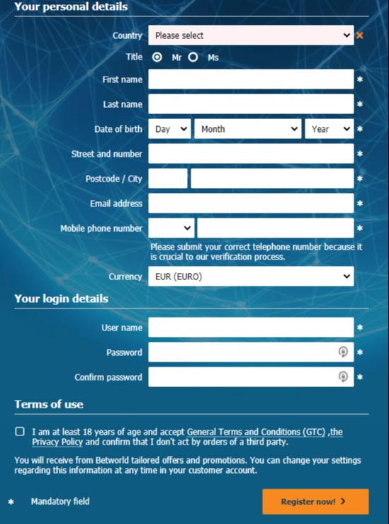 Betworld Registration