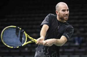 PARIS, FRANCE - NOVEMBER 5: Adrian Mannarino of France in action against Alexander Zverev of Germany during day 4 of the Rolex Paris Masters, an ATP Masters 1000 tournament held behind closed doors at AccorHotels Arena formerly known as Paris Bercy on November 5, 2020 in Paris, France. (Photo by Jean Catuffe/Getty Images)