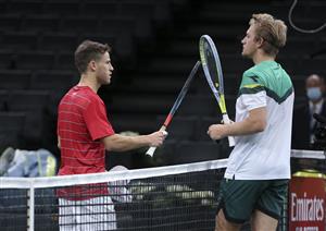 PARIS, FRANCE - NOVEMBER 5: Winner Diego Schwartzman of Argentina and Alejandro Davidovich Fokina of Spain at the net following their match during day 4 of the Rolex Paris Masters, an ATP Masters 1000 tournament held behind closed doors at AccorHotels Arena formerly known as Paris Bercy on November 5, 2020 in Paris, France. (Photo by Jean Catuffe/Getty Images)