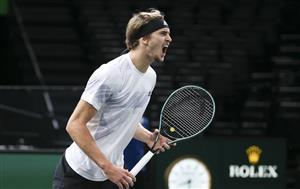 PARIS, FRANCE - NOVEMBER 5: Alexander Zverev of Germany in action against Adrian Mannarino of France during day 4 of the Rolex Paris Masters, an ATP Masters 1000 tournament held behind closed doors at AccorHotels Arena formerly known as Paris Bercy on November 5, 2020 in Paris, France. (Photo by Jean Catuffe/Getty Images)