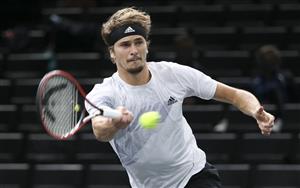 PARIS, FRANCE - NOVEMBER 5: Alexander Zverev of Germany in action against Adrian Mannarino of France during day 4 of the Rolex Paris Masters, an ATP Masters 1000 tournament held behind closed doors at AccorHotels Arena formerly known as Paris Bercy on November 5, 2020 in Paris, France. (Photo by Jean Catuffe/Getty Images)