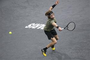PARIS, FRANCE - NOVEMBER 5: Andrey Rublev of Russia in action against Stan Wawrinka of Switzerland during day 4 of the Rolex Paris Masters, an ATP Masters 1000 tournament held behind closed doors at AccorHotels Arena formerly known as Paris Bercy on November 5, 2020 in Paris, France. (Photo by Jean Catuffe/Getty Images)