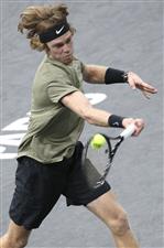 PARIS, FRANCE - NOVEMBER 5: Andrey Rublev of Russia in action against Stan Wawrinka of Switzerland during day 4 of the Rolex Paris Masters, an ATP Masters 1000 tournament held behind closed doors at AccorHotels Arena formerly known as Paris Bercy on November 5, 2020 in Paris, France. (Photo by Jean Catuffe/Getty Images)