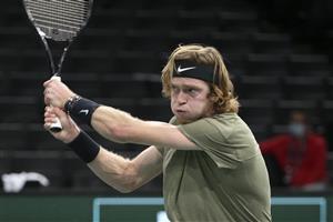 PARIS, FRANCE - NOVEMBER 5: Andrey Rublev of Russia in action against Stan Wawrinka of Switzerland during day 4 of the Rolex Paris Masters, an ATP Masters 1000 tournament held behind closed doors at AccorHotels Arena formerly known as Paris Bercy on November 5, 2020 in Paris, France. (Photo by Jean Catuffe/Getty Images)