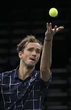 PARIS, FRANCE - NOVEMBER 5: Daniil Medvedev of Russia in action against Alex De Minaur of Australia during day 4 of the Rolex Paris Masters, an ATP Masters 1000 tournament held behind closed doors at AccorHotels Arena formerly known as Paris Bercy on November 5, 2020 in Paris, France. (Photo by Jean Catuffe/Getty Images)