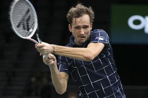 PARIS, FRANCE - NOVEMBER 5: Daniil Medvedev of Russia in action against Alex De Minaur of Australia during day 4 of the Rolex Paris Masters, an ATP Masters 1000 tournament held behind closed doors at AccorHotels Arena formerly known as Paris Bercy on November 5, 2020 in Paris, France. (Photo by Jean Catuffe/Getty Images)
