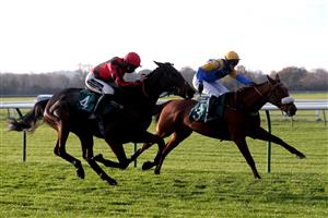 WARWICK, ENGLAND - NOVEMBER 06: Flirtatious Girl ridden by jockey David Bass (right) on their way to win the British EBF Mares' Standard Open NH Flat Race (GBB Race) (Div 1) at Warwick Racecourse on November 6, 2020 in Warwick, England. (Photo by David Davies - Pool / Getty Images)