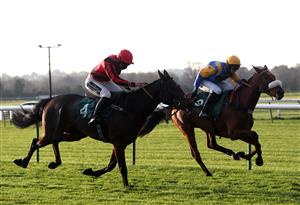 WARWICK, ENGLAND - NOVEMBER 06: Flirtatious Girl ridden by jockey David Bass (right) on their way to win the British EBF Mares' Standard Open NH Flat Race (GBB Race) (Div 1) at Warwick Racecourse on November 6, 2020 in Warwick, England. (Photo by David Davies - Pool / Getty Images)