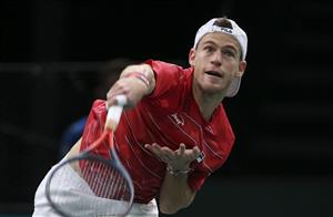 PARIS, FRANCE - NOVEMBER 5: Diego Schwartzman of Argentina in action against Alejandro Davidovich Fokina of Spain during day 4 of the Rolex Paris Masters, an ATP Masters 1000 tournament held behind closed doors at AccorHotels Arena formerly known as Paris Bercy on November 5, 2020 in Paris, France. (Photo by Jean Catuffe/Getty Images)