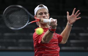 PARIS, FRANCE - NOVEMBER 5: Diego Schwartzman of Argentina in action against Alejandro Davidovich Fokina of Spain during day 4 of the Rolex Paris Masters, an ATP Masters 1000 tournament held behind closed doors at AccorHotels Arena formerly known as Paris Bercy on November 5, 2020 in Paris, France. (Photo by Jean Catuffe/Getty Images)