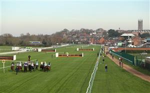 WARWICK, ENGLAND - NOVEMBER 06: A general view of runners and riders in the Bet At racingtv.com Handicap Hurdle at Warwick Racecourse on November 6, 2020 in Warwick, England. (Photo by David Davies - Pool / Getty Images)