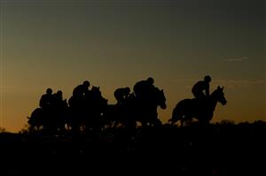 WARWICK, ENGLAND - NOVEMBER 06: A general view as runners and riders compete in the British EBF Mares' Standard Open NH Flat Race at Warwick Racecourse on November 6, 2020 in Warwick, England. (Photo by David Davies - Pool / Getty Images)