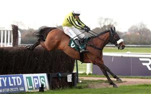 WARWICK, ENGLAND - NOVEMBER 06: Allmankind ridden by Harry Skelton jumps a fence before winning the Stan Mellor Memorial Novices Chase at Warwick Racecourse on November 6, 2020 in Warwick, England. (Photo by David Davies - Pool / Getty Images)