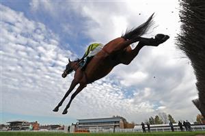 WARWICK, ENGLAND - NOVEMBER 06: Allmankind ridden by Harry Skelton jumps a fence before winning the Stan Mellor Memorial Novices Chase at Warwick Racecourse on November 6, 2020 in Warwick, England. (Photo by David Davies - Pool / Getty Images)