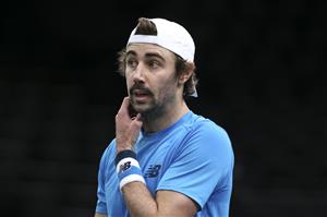 PARIS, FRANCE - NOVEMBER 5: Jordan Thompson of Australia in action against Rafael Nadal of Spain during day 4 of the Rolex Paris Masters, an ATP Masters 1000 tournament held behind closed doors at AccorHotels Arena formerly known as Paris Bercy on November 5, 2020 in Paris, France. (Photo by Jean Catuffe/Getty Images)