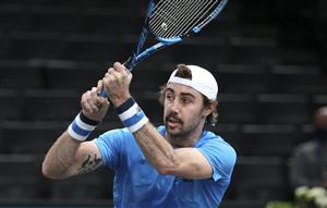 PARIS, FRANCE - NOVEMBER 5: Jordan Thompson of Australia in action against Rafael Nadal of Spain during day 4 of the Rolex Paris Masters, an ATP Masters 1000 tournament held behind closed doors at AccorHotels Arena formerly known as Paris Bercy on November 5, 2020 in Paris, France. (Photo by Jean Catuffe/Getty Images)