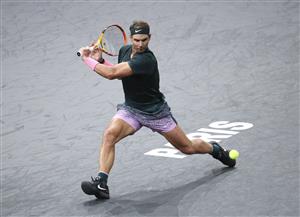 PARIS, FRANCE - NOVEMBER 5: Rafael Nadal of Spain in action against Jordan Thompson of Australia during day 4 of the Rolex Paris Masters, an ATP Masters 1000 tournament held behind closed doors at AccorHotels Arena formerly known as Paris Bercy on November 5, 2020 in Paris, France. (Photo by Jean Catuffe/Getty Images)