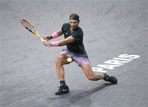 PARIS, FRANCE - NOVEMBER 5: Rafael Nadal of Spain in action against Jordan Thompson of Australia during day 4 of the Rolex Paris Masters, an ATP Masters 1000 tournament held behind closed doors at AccorHotels Arena formerly known as Paris Bercy on November 5, 2020 in Paris, France. (Photo by Jean Catuffe/Getty Images)