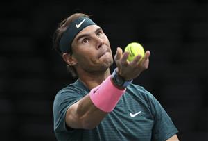 PARIS, FRANCE - NOVEMBER 5: Rafael Nadal of Spain in action against Jordan Thompson of Australia during day 4 of the Rolex Paris Masters, an ATP Masters 1000 tournament held behind closed doors at AccorHotels Arena formerly known as Paris Bercy on November 5, 2020 in Paris, France. (Photo by Jean Catuffe/Getty Images)